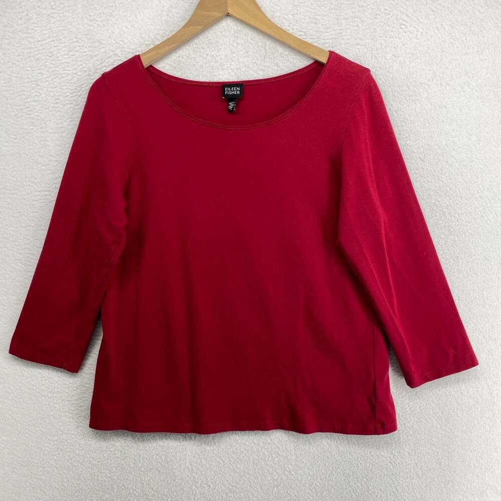 EILEEN FISHER Top S Stretch Organic Cotton Jersey Scoop Neck 3/4 Sleeve Red USA